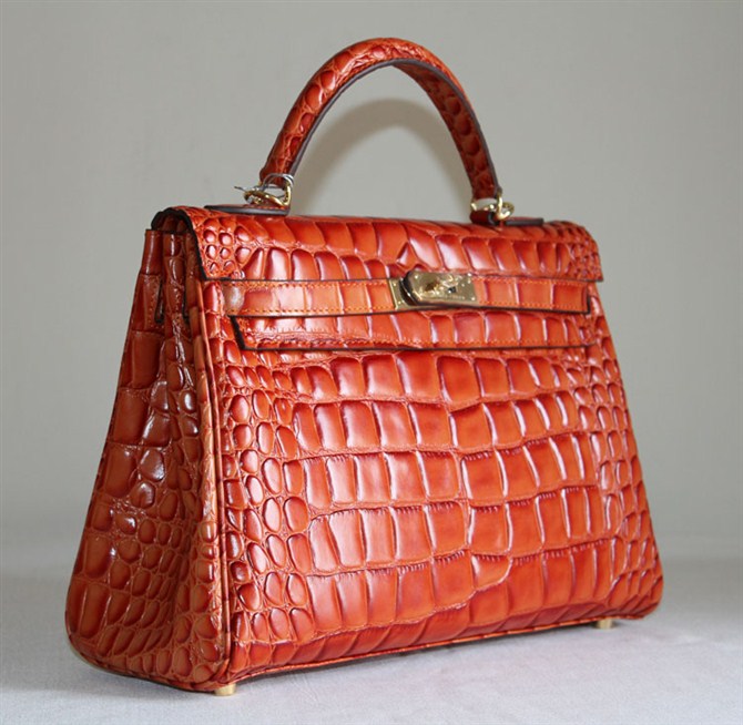 7A Replica Hermes Kelly 32cm Crocodile Veins Leather Bag Orange HC0001 (4)